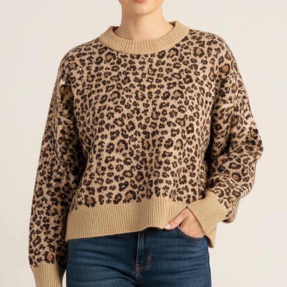 American Eagle NWT Leopard Print Crewneck Sweater Cropped Oversized Women S
